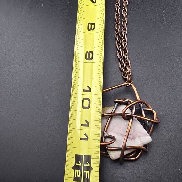 Copper Wire Wrapped Pendant Necklace W/ Stone Center & Chain By Kim Signed - Picture 6 of 10